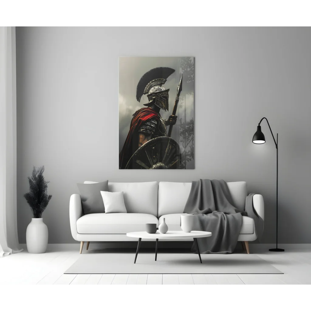 Black and red Spartan warrior wall art canvas with metallic helmet