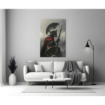 Black and red Spartan warrior wall art canvas with metallic helmet