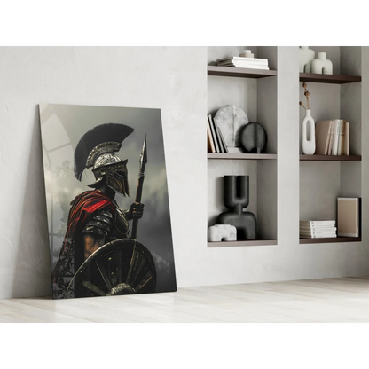Spartan warrior canvas wall art with metallic helmet and red cape