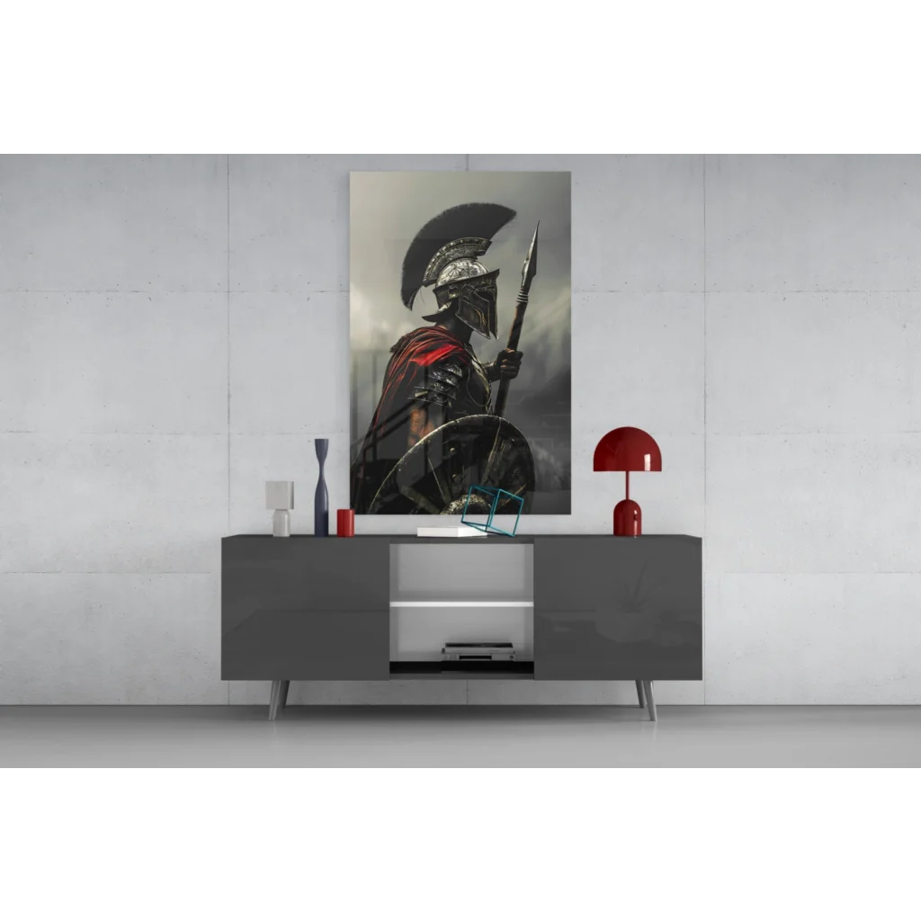 Black and red Spartan warrior wall art canvas with metallic helmet