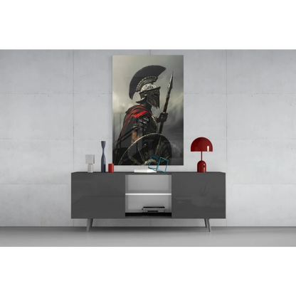 Black and red Spartan warrior wall art canvas with metallic helmet