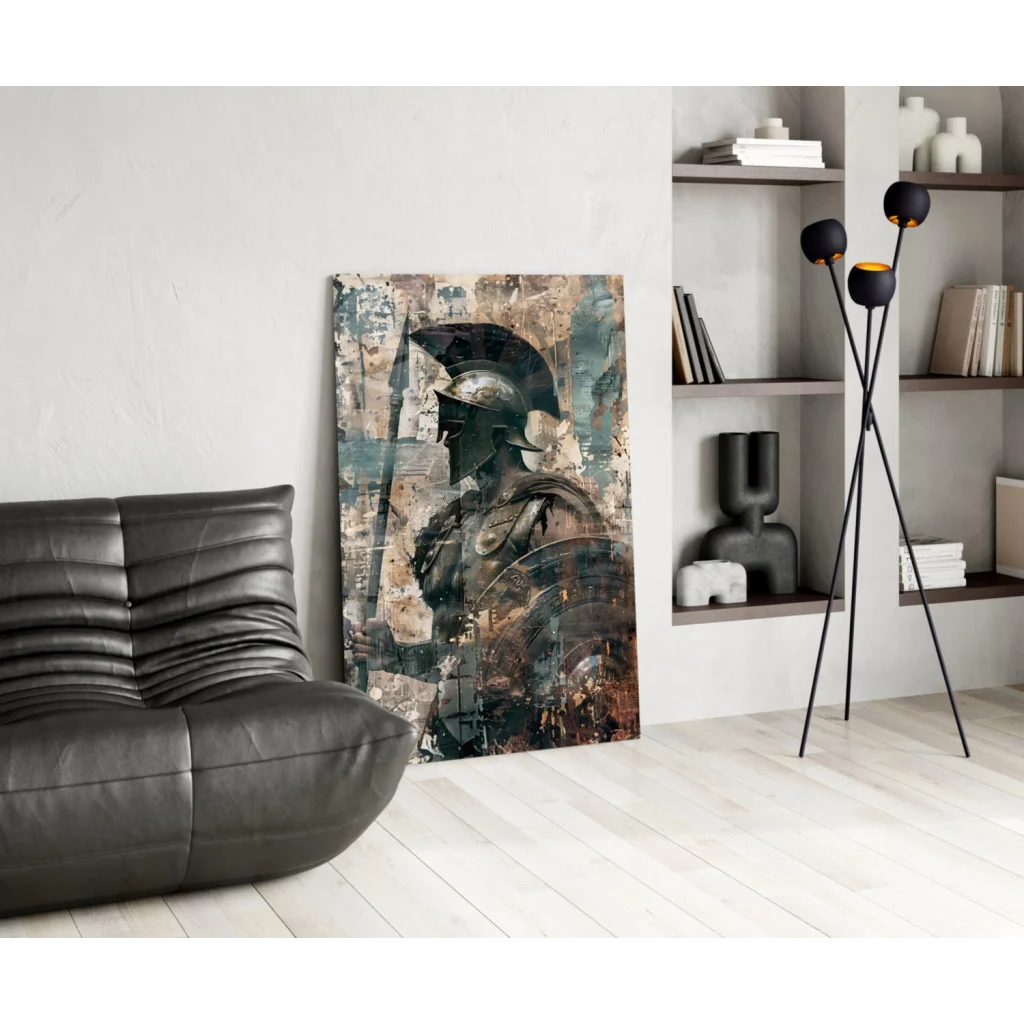 Spartan Warrior glass wall art with black leather sofa texture