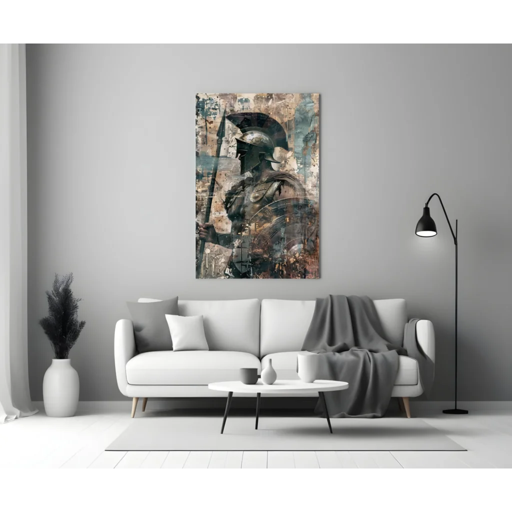 Spartan warrior glass wall art with metallic armor shield, modern abstract black and white print