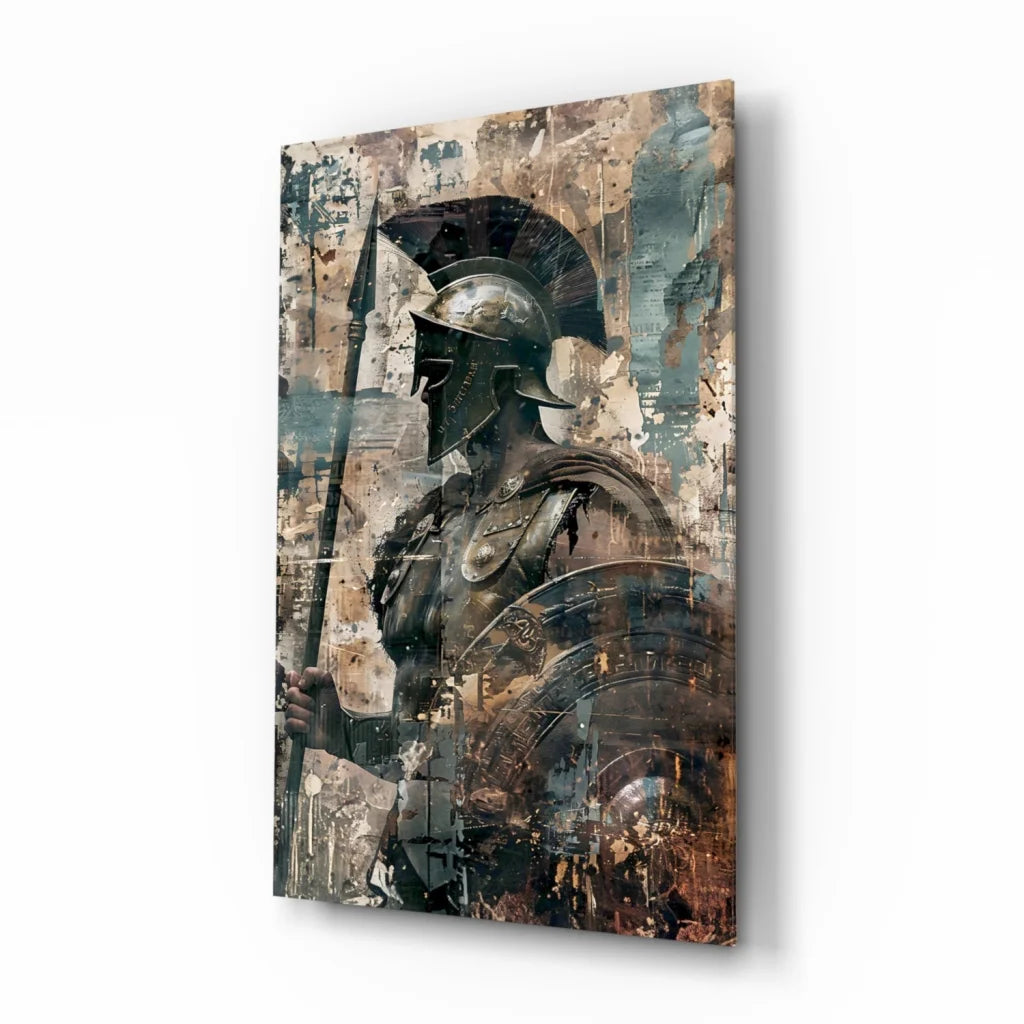 Spartan warrior glass wall art with metallic armor shield print