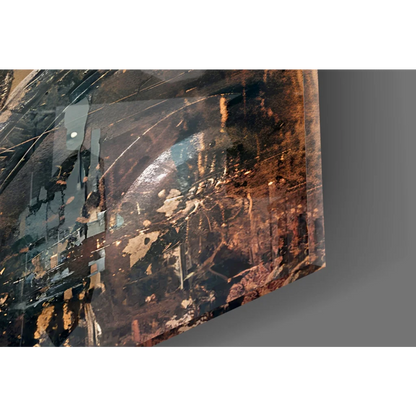 Spartan Warrior glass wall art with metallic armor shield and textured abstract print