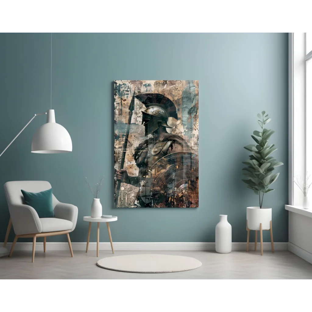 Spartan warrior glass wall art with metallic armor shield print