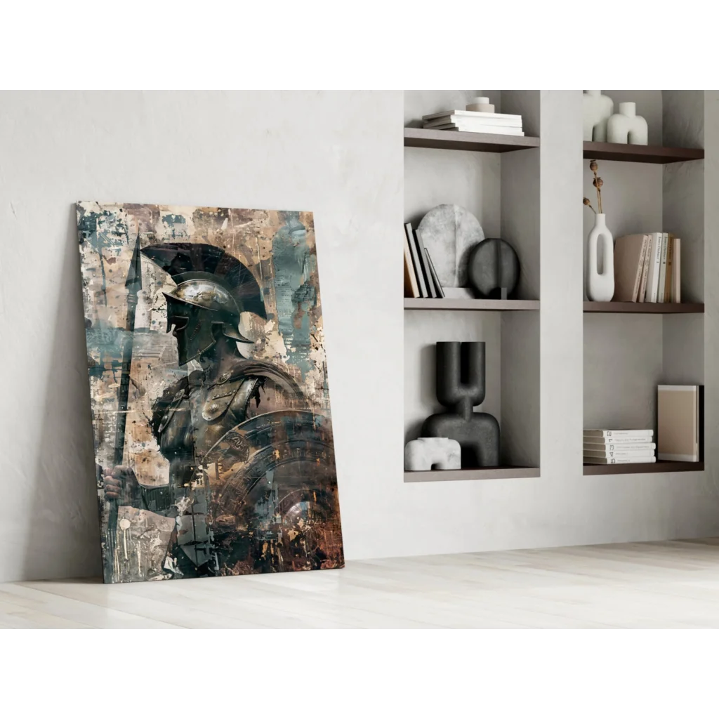 Modern Spartan warrior glass wall art with metallic armor shield print