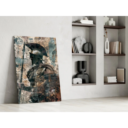 Modern Spartan warrior glass wall art with metallic armor shield print