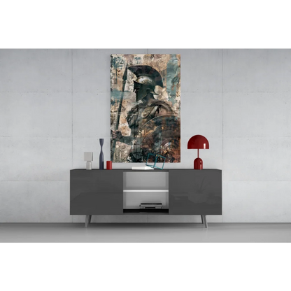 Modern gray lacquered sideboard with silver legs and red lampshade glass wall art