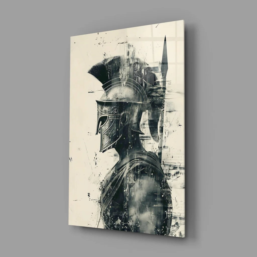 Bold black and white Spartan warrior helmet wall art canvas