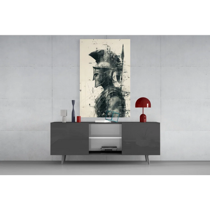 Black and white Spartan warrior helmet wall art on sideboard with red lampshade