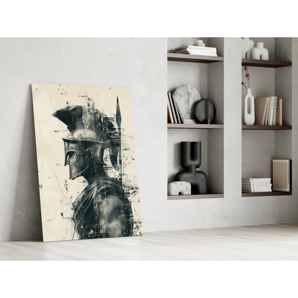 Bold black and white Spartan warrior helmet canvas wall art print