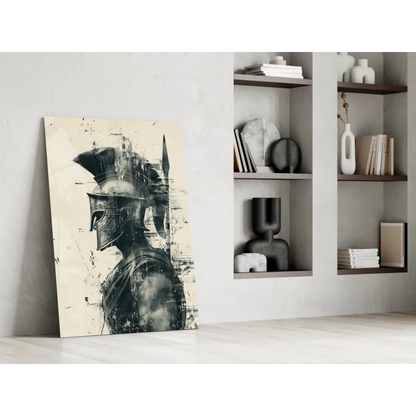 Bold black and white Spartan warrior helmet canvas wall art print