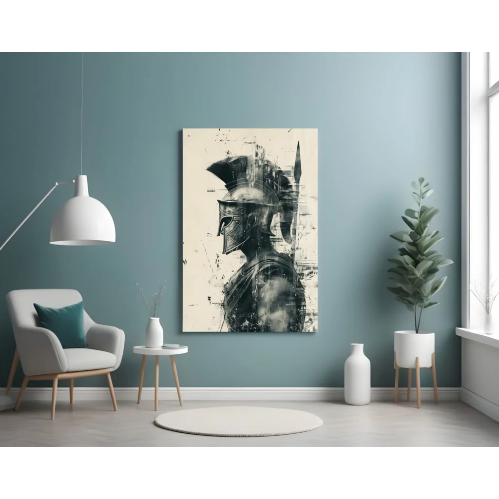 Bold black and white Spartan warrior helmet canvas wall art print