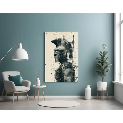 Bold black and white Spartan warrior helmet canvas wall art print