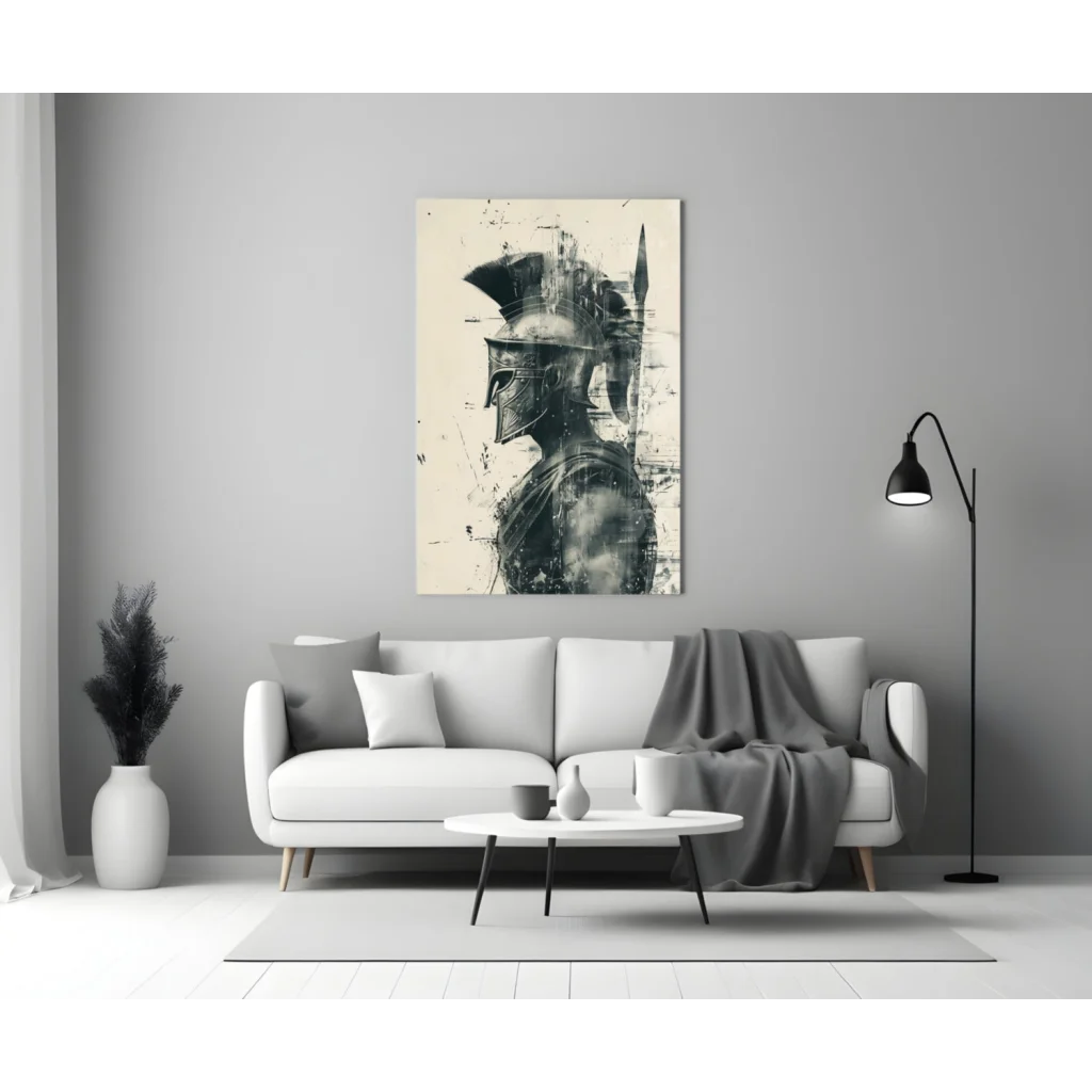 Bold black and white Spartan warrior helmet canvas wall art print