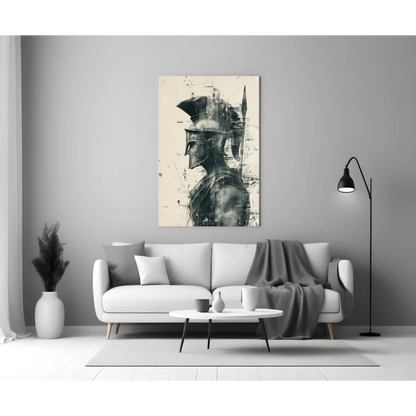 Bold black and white Spartan warrior helmet canvas wall art print