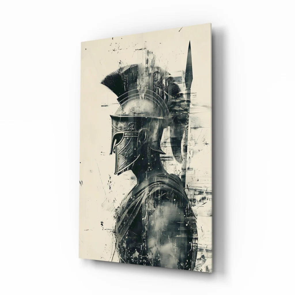 Bold black and white Spartan warrior helmet wall art canvas print