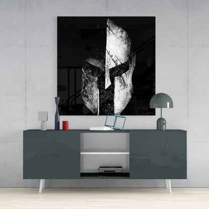 Bold black and white Spartan helmet tempered glass art on gray console