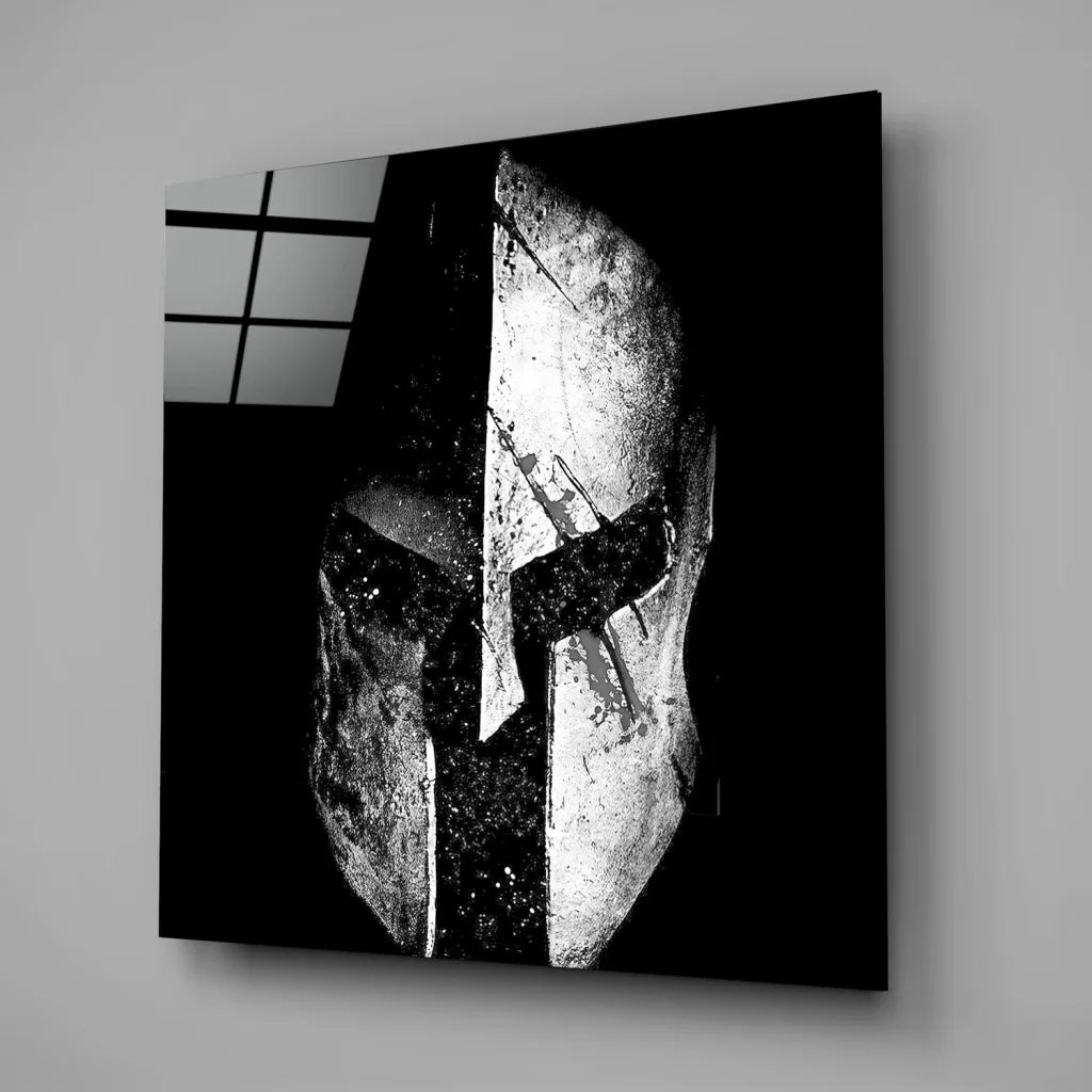 Black and white spartan helmet tempered glass art on wall