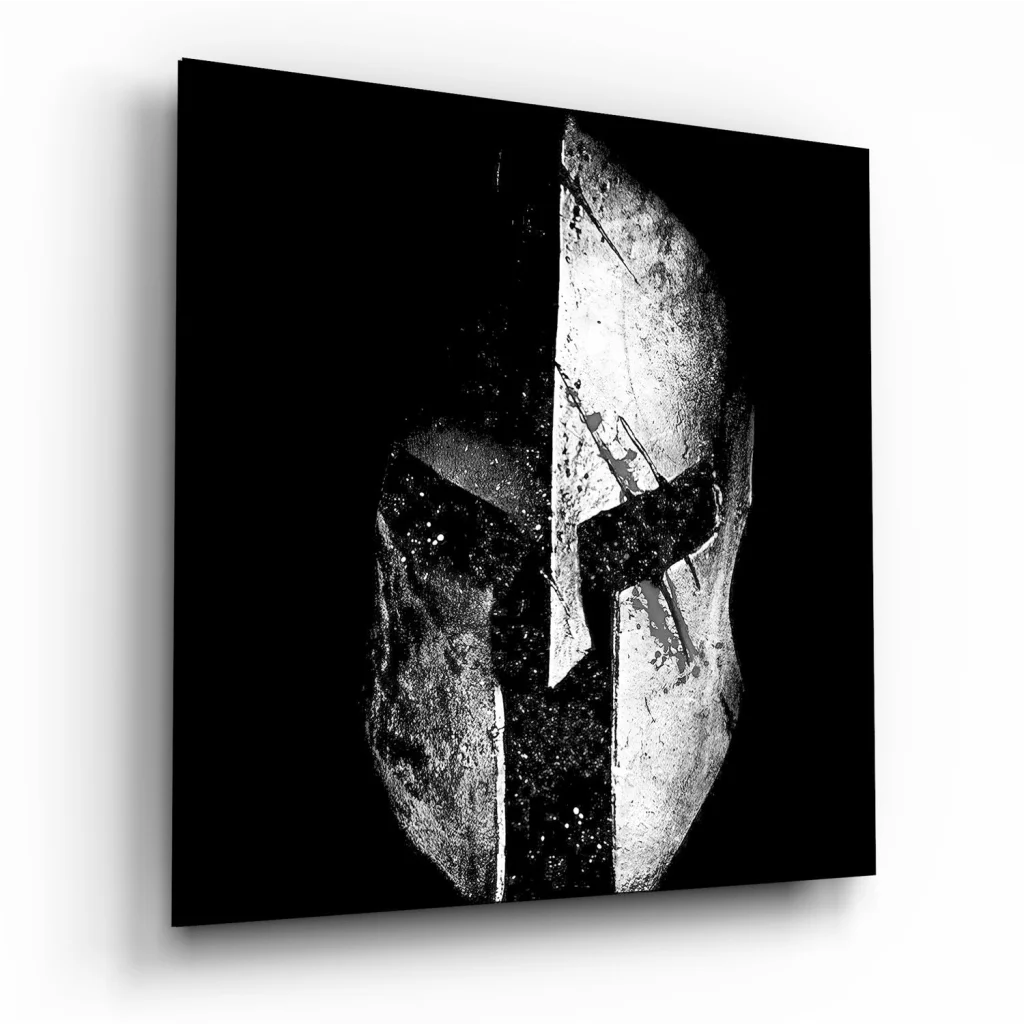 Bold black and white distressed Spartan helmet tempered glass art on square canvas