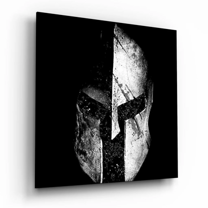 Bold black and white distressed Spartan helmet tempered glass art on square canvas