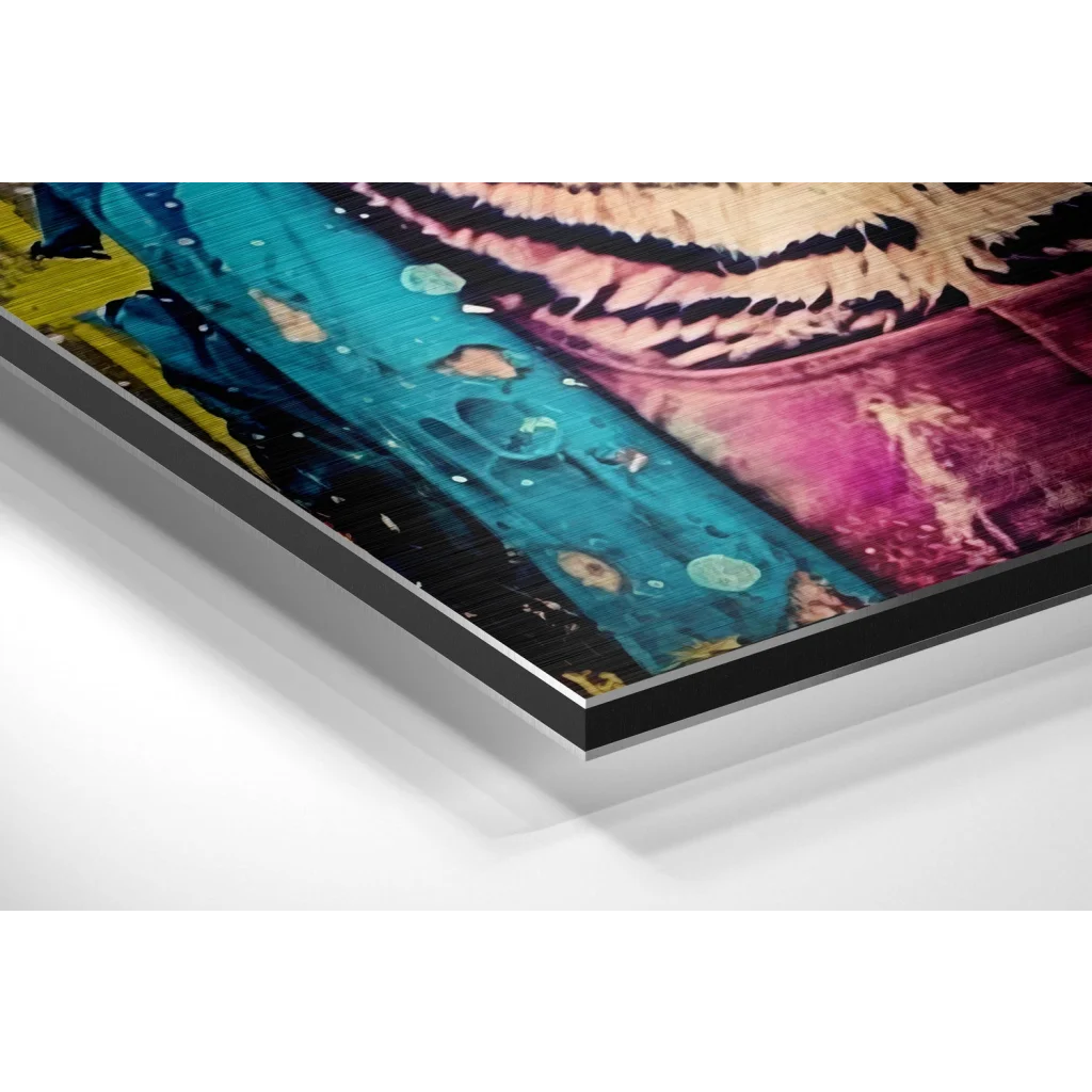 Glass Wall Art Vibrant abstract acrylic on brushed aluminium dibond panel with teal magenta gold
