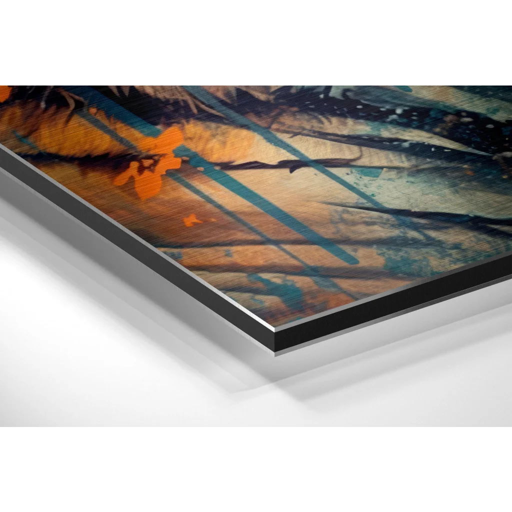 Vibrant abstract tiger art on brushed aluminium dibond with orange teal brushstrokes