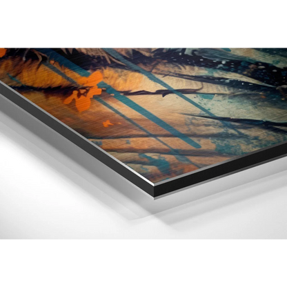 Vibrant abstract tiger art on brushed aluminium dibond with orange teal brushstrokes