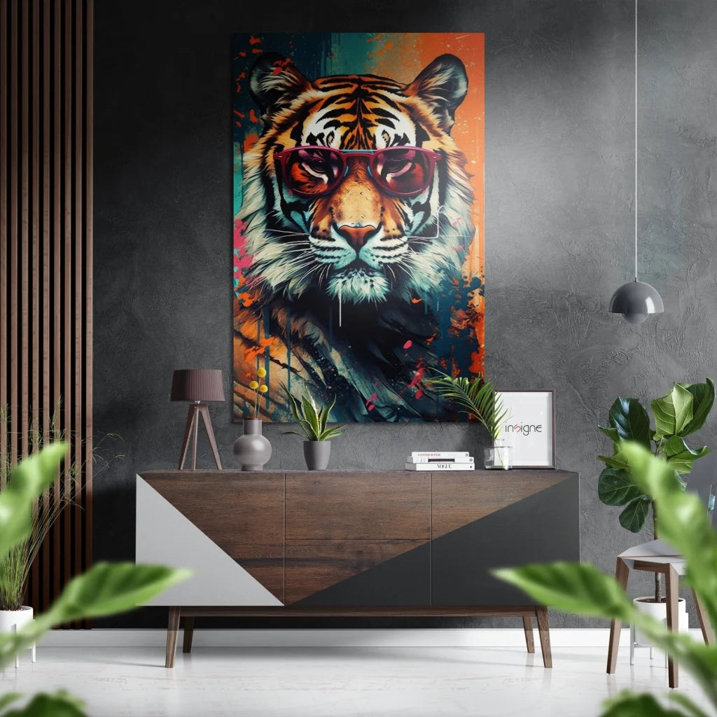 Vibrant abstract tiger portrait on brushed aluminium dibond print