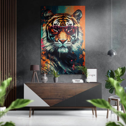 Vibrant abstract tiger portrait on brushed aluminium dibond print