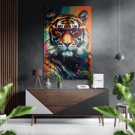 Vibrant abstract tiger portrait on brushed aluminium dibond print