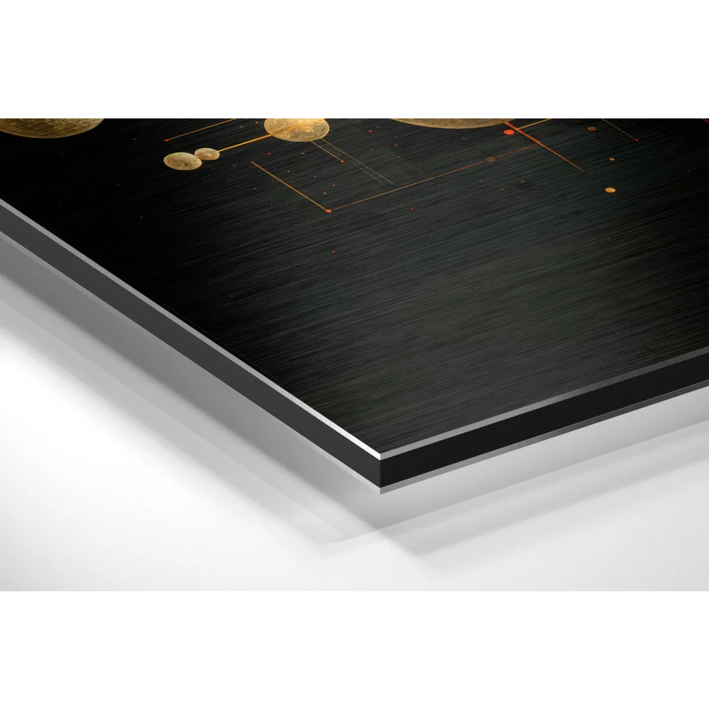 Glass Wall Art Black metal-framed cosmic gold planets artwork on brushed aluminium dibond