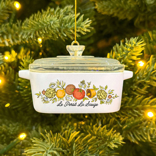 Spice of Life mini casserole ornament hanging on a Christmas tree