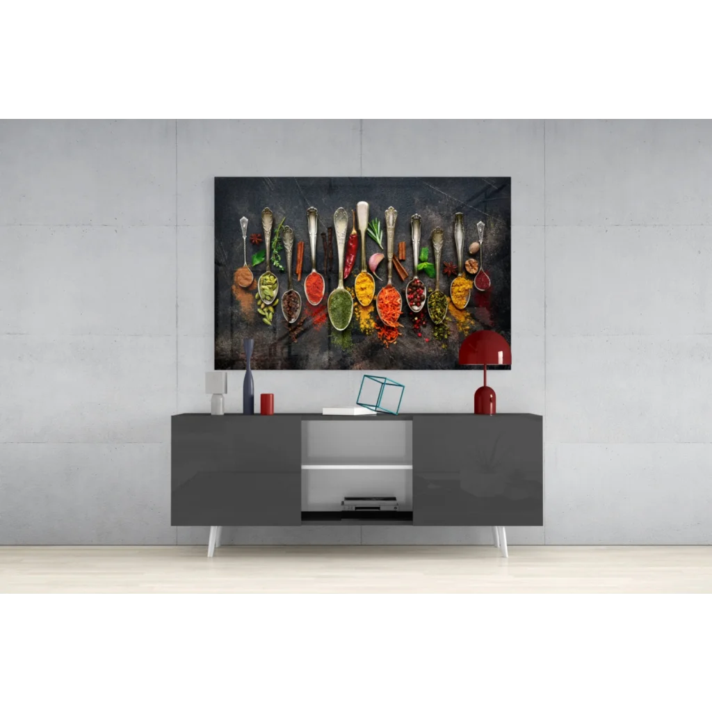 Vibrant spice spoons wall art canvas print on dark background