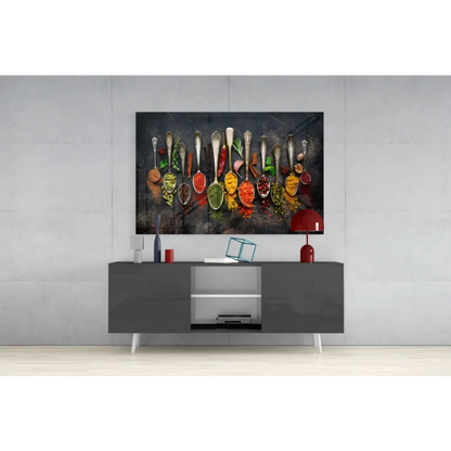 Vibrant spice spoons wall art canvas print on dark background