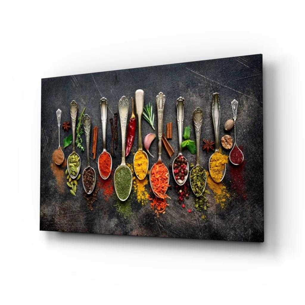 Ornate spice spoons canvas wall art print with vibrant herbs
