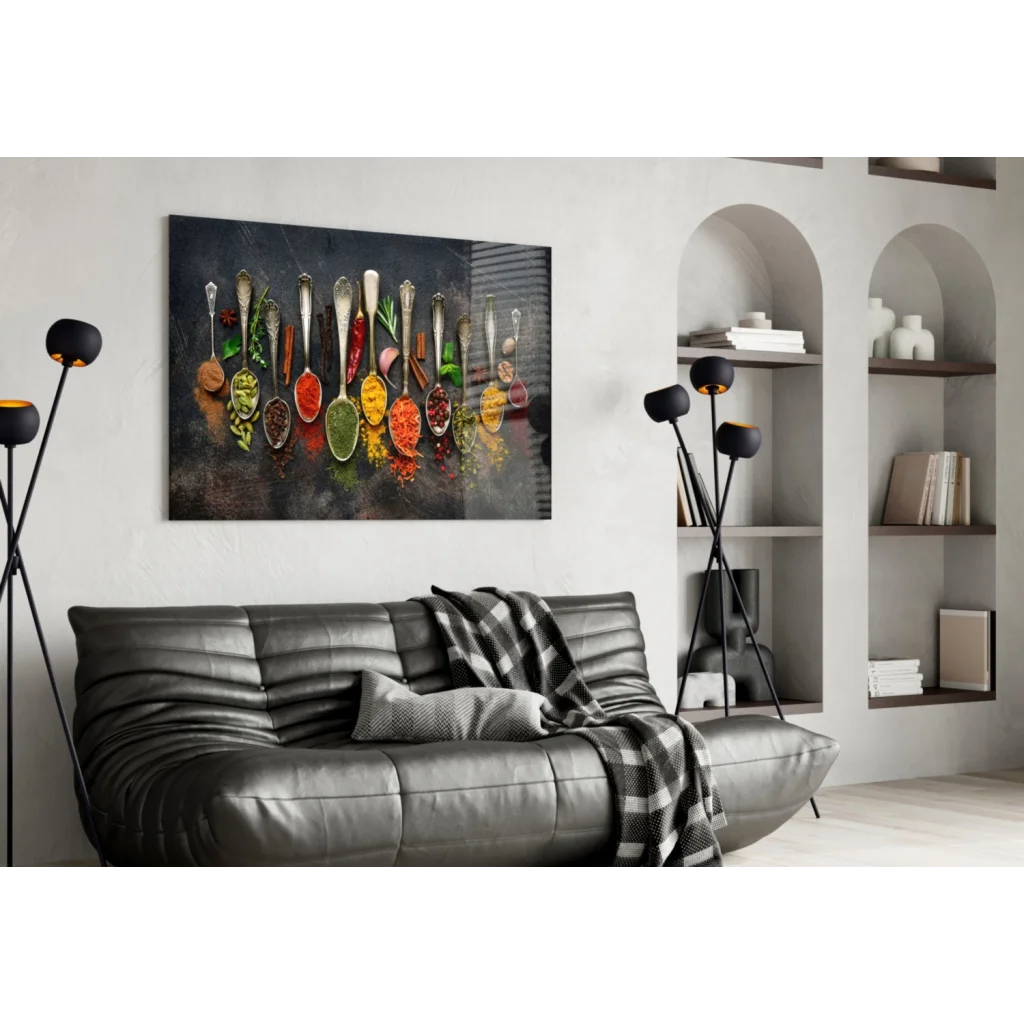Modern black leather sofa with plaid throw in Spice Spoons wall art
