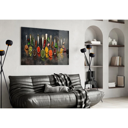 Modern black leather sofa with plaid throw in Spice Spoons wall art