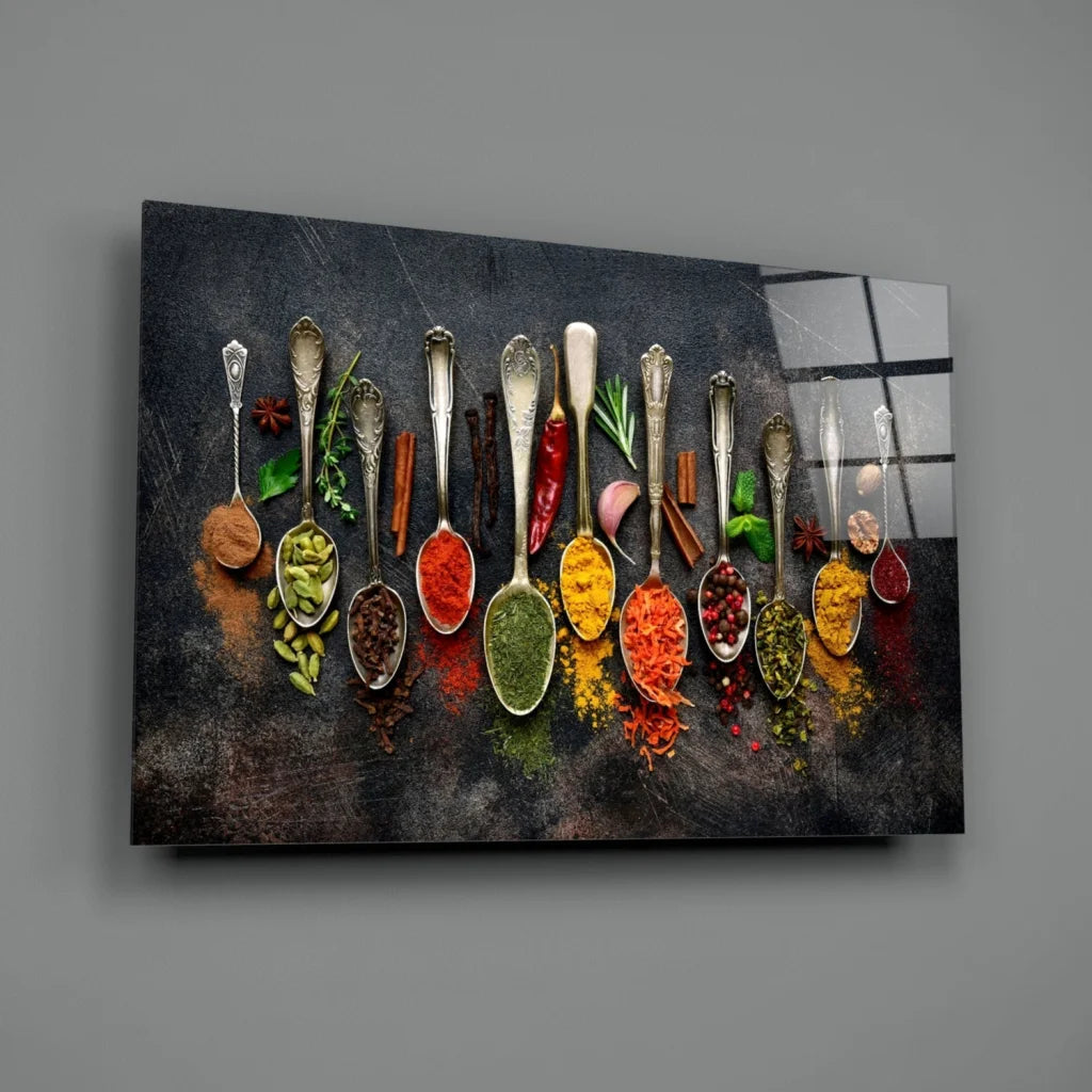 Ornate silver spoons with spices on Spice Spoons kitchen wall art print