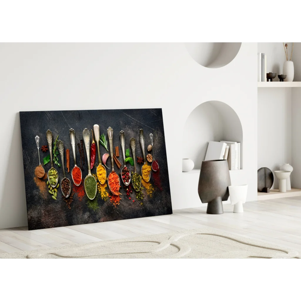 Vibrant spice spoons wall art canvas print on dark textured background