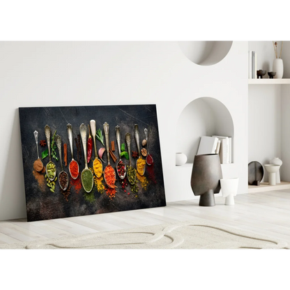 Vibrant spice spoons wall art canvas print on dark textured background