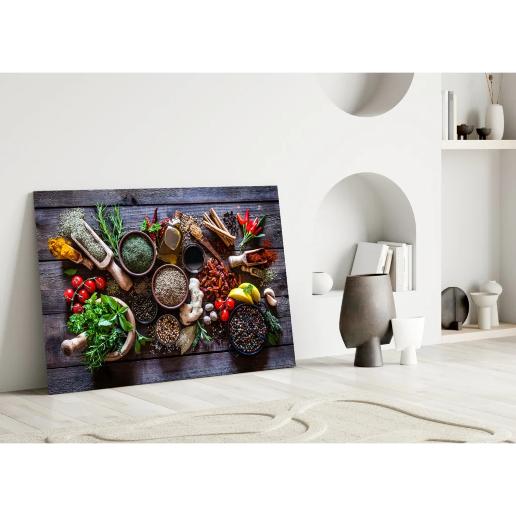 Rustic wood-framed canvas wall art of vibrant spices on wood surface