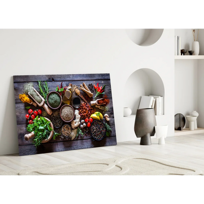 Rustic wood-framed canvas wall art of vibrant spices on wood surface