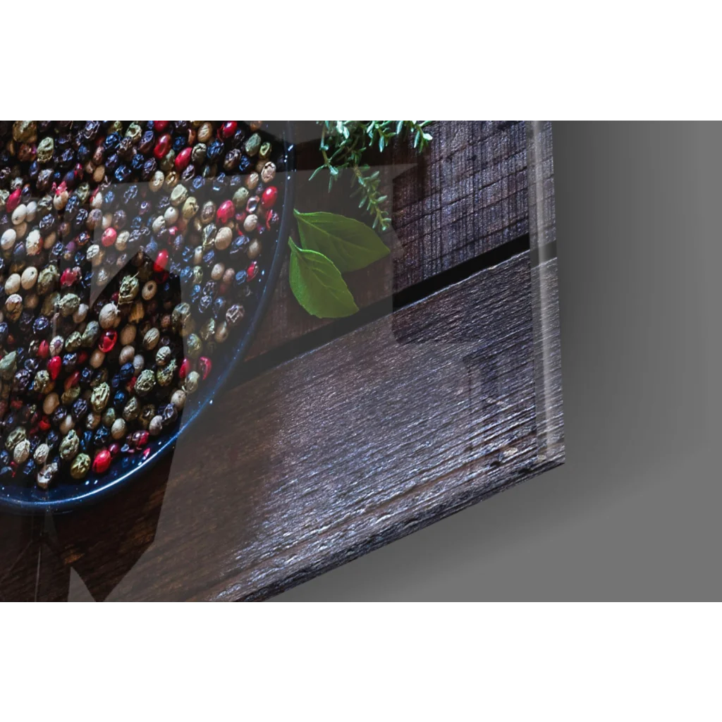 Dark blue bowl with colorful peppercorns in rustic wall art print