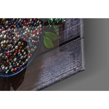 Dark blue bowl with colorful peppercorns in rustic wall art print