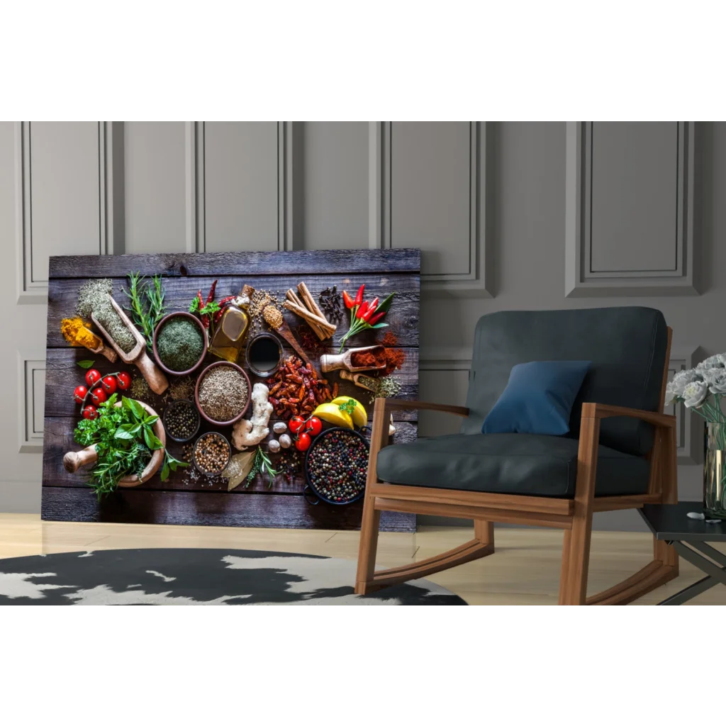 Rustic wood-framed canvas wall art of vibrant spices on dark wood