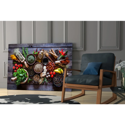 Rustic wood-framed canvas wall art of vibrant spices on dark wood