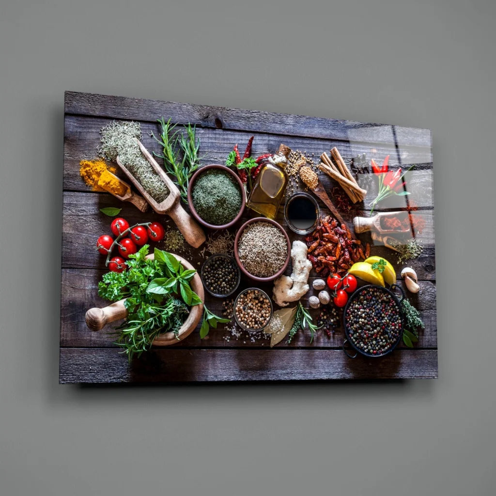Rustic wooden cutting board with vibrant spices for wall art canvas print