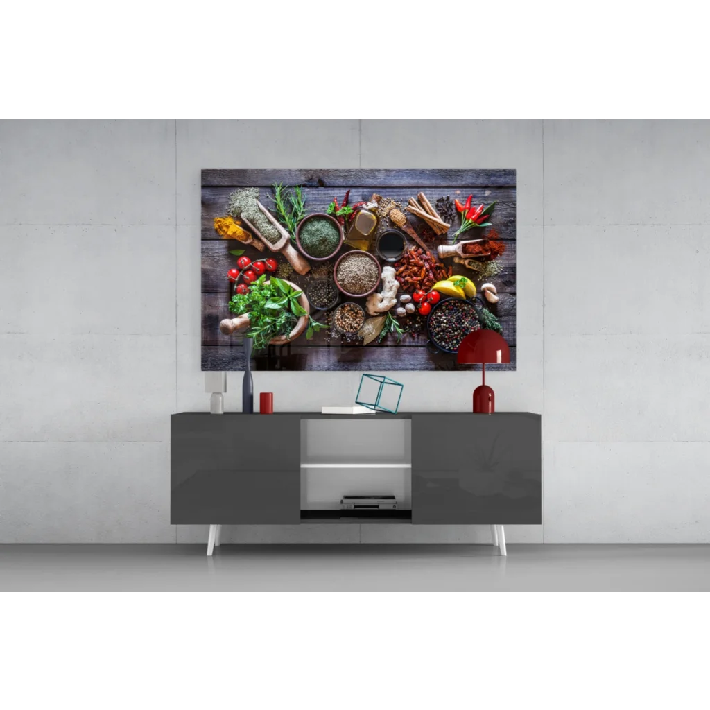 Vibrant overhead spices herbs on rustic wood canvas wall art print